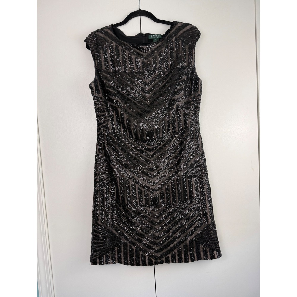 Lauren Ralph Lauren Evening Black Sequin Geometric Sheath Dress 14 Cocktail